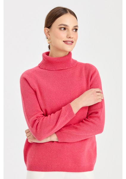 Kadın Tam Balıkçı Yaka Klasik Yün Kazak Y.ş.pembe