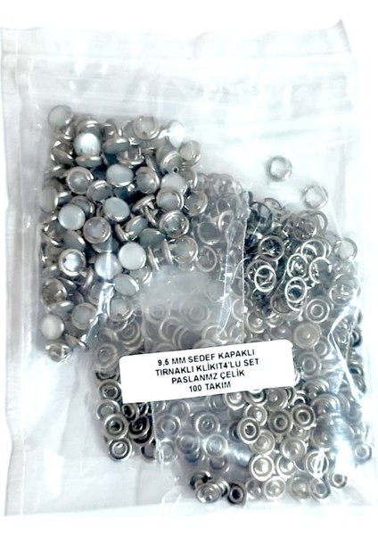 9,5 mm Sedef Kapak Tırnaklı Klikıt Çıtçıt 4'lü Set - Paslanmaz Çelik - 100 Takım