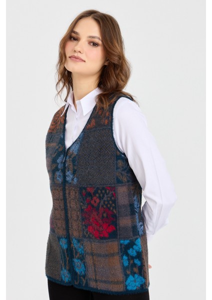 Kadın V Yaka Patchwork Yelek Petrol indirimleri