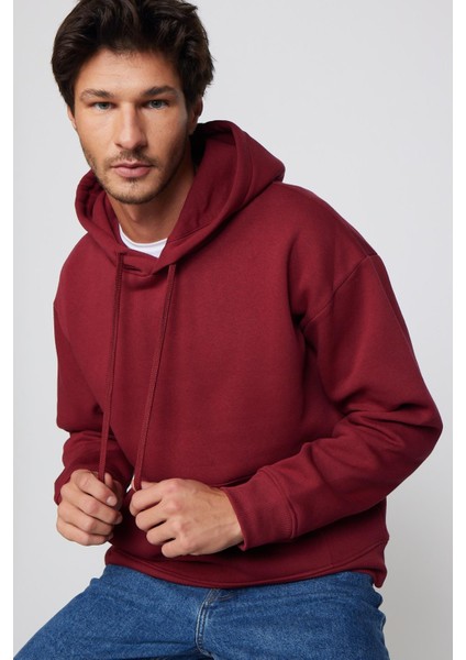 Oversize Pamuk Kapüşonlu Basıc Unisex Bordo Sweatshirt