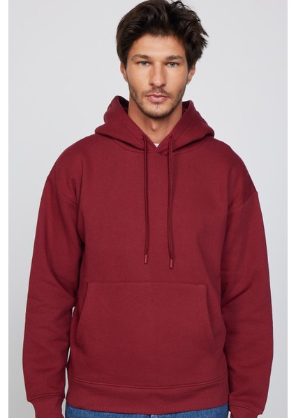 Oversize Pamuk Kapüşonlu Basıc Unisex Bordo Sweatshirt