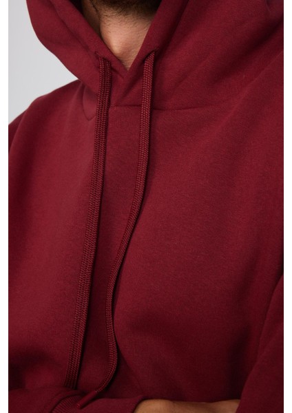 Oversize Pamuk Kapüşonlu Basıc Unisex Bordo Sweatshirt