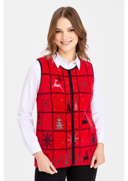 Kadın Sıfır Yaka Patchwork Yılbaşı Desenli Yelek Kırmızı