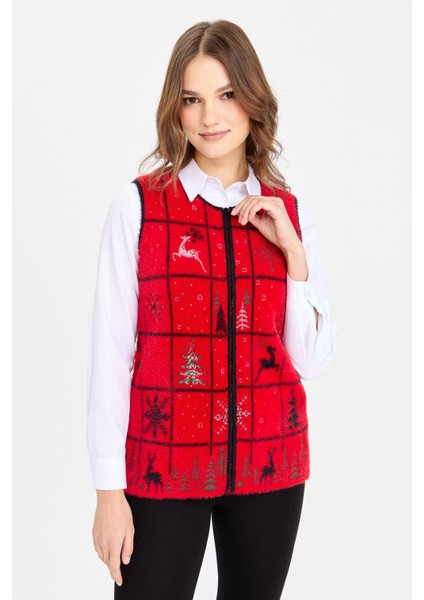 Kadın Sıfır Yaka Patchwork Yılbaşı Desenli Yelek Kırmızı fiyatları