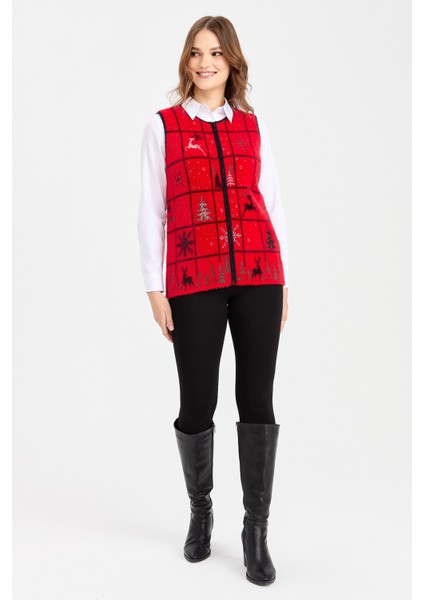 Kadın Sıfır Yaka Patchwork Yılbaşı Desenli Yelek Kırmızı modelleri