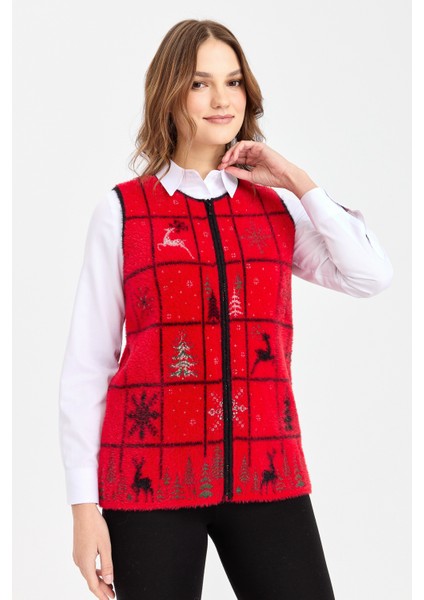 Kadın Sıfır Yaka Patchwork Yılbaşı Desenli Yelek Kırmızı fırsatları