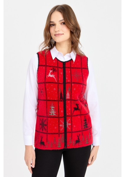 Kadın Sıfır Yaka Patchwork Yılbaşı Desenli Yelek Kırmızı indirimleri