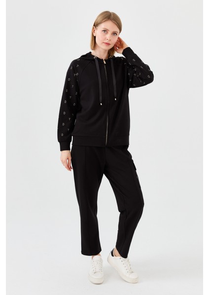 Kadın Triko Taş Baskılı Kapüşonlu Yazlık Sweatshirt Siyah