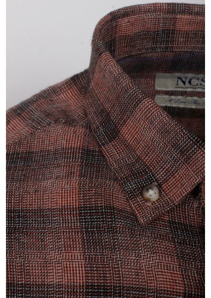 Erkek Gömlek Kiremit Uzun Kol Ekose Kareli Flanel Yün Tuşeli Slim Fit Düğmeli Yaka Shirt Ncs Jeans 7266 modelleri
