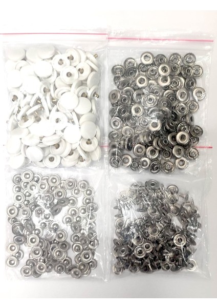 15 mm Beyaz Plastik Kapak 4'lü Çıtçıt Set(Alt Parçalar 12,5 Mm) - Paslanmaz Çelik - Nikel- 100 Takım