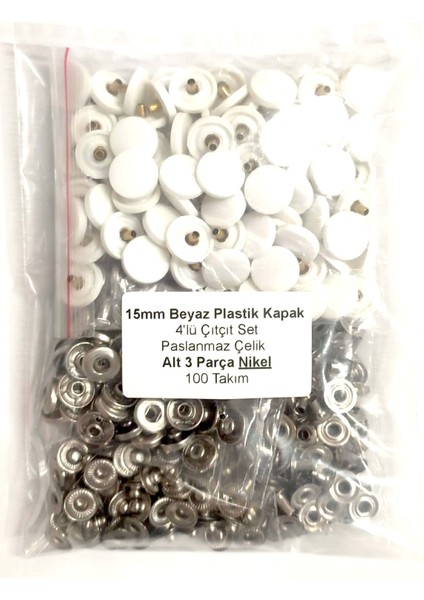 15 mm Beyaz Plastik Kapak 4'lü Çıtçıt Set(Alt Parçalar 12,5 Mm) - Paslanmaz Çelik - Nikel- 100 Takım