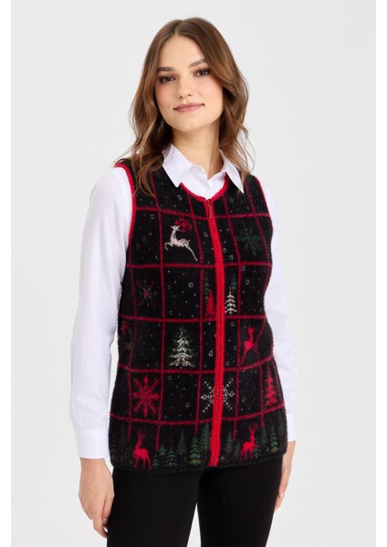 Kadın Sıfır Yaka Patchwork Yılbaşı Desenli Yelek Siyah