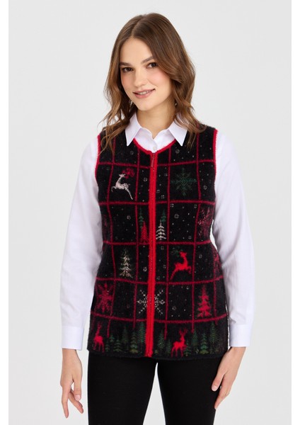 Kadın Sıfır Yaka Patchwork Yılbaşı Desenli Yelek Siyah
