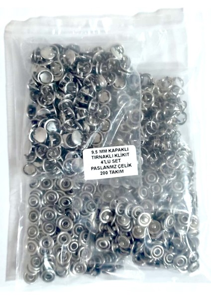 9,5 mm Kapaklı Tırnaklı Klikıt Çıtçıt 4'lü Set - Paslanmaz Çelik - 200 Takım