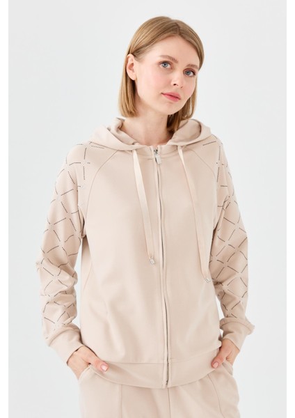 Kadın Triko Taş Baskılı Kapüşonlu Yazlık Sweatshirt Bej fiyatları