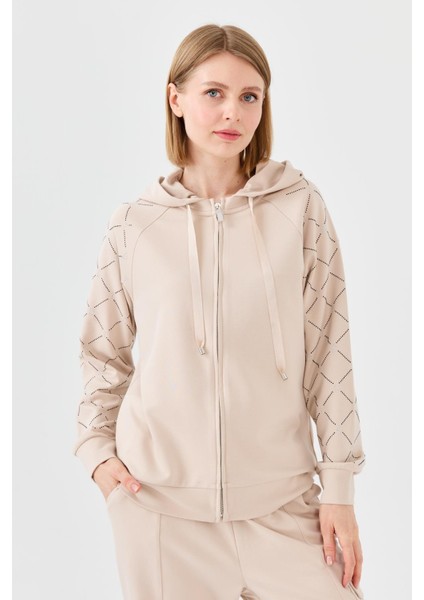 Kadın Triko Taş Baskılı Kapüşonlu Yazlık Sweatshirt Bej modelleri