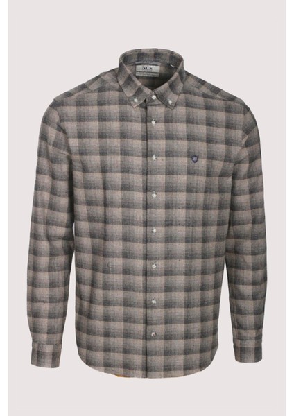 Erkek Gömlek Bej Uzun Kol Ekose Kareli Flanel Yün Tuşeli Slim Fit Düğmeli Yaka Shirt Ncs Jeans 7266