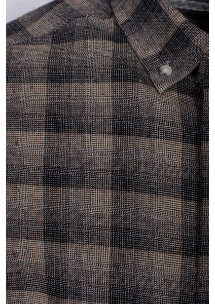 Erkek Gömlek Bej Uzun Kol Ekose Kareli Flanel Yün Tuşeli Slim Fit Düğmeli Yaka Shirt Ncs Jeans 7266 modelleri