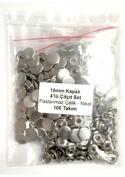 15 mm Kapak 4'lü Çıtçıt Set (Alt Parçalar 12,5 Mm)- Paslanmaz Çelik - 100 Takım