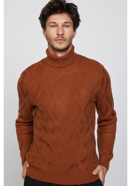 Slim Fit Dar Kesim Tam Balıkçı Yaka Desenli Kahverengi Erkek Triko Kazak fiyatları