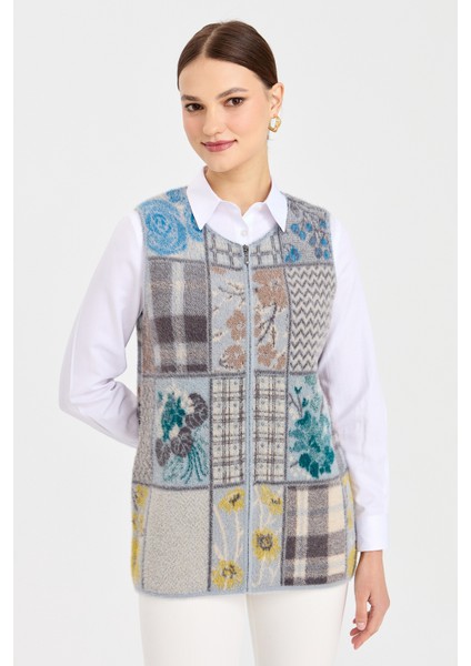 Kadın Sıfır Yaka Patchwork Yelek A.mavi