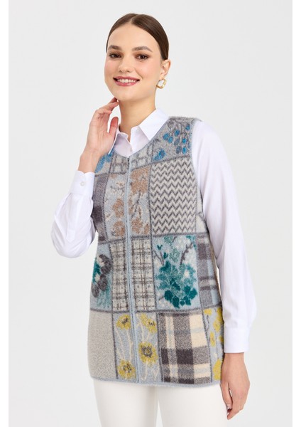 Kadın Sıfır Yaka Patchwork Yelek A.mavi