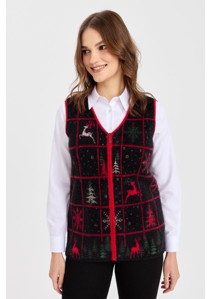 Kadın V Yaka Patchwork Yılbaşı Desenli Yelek Siyah
