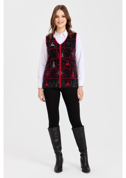 Kadın V Yaka Patchwork Yılbaşı Desenli Yelek Siyah modelleri