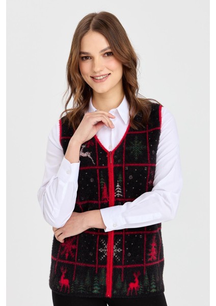 Kadın V Yaka Patchwork Yılbaşı Desenli Yelek Siyah indirimleri
