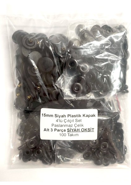 15 mm Siyah Plastik Kapak 4'lü Çıtçıt Set(54) - Paslanmaz Çelik - Siyah Oksit- 100 Takım