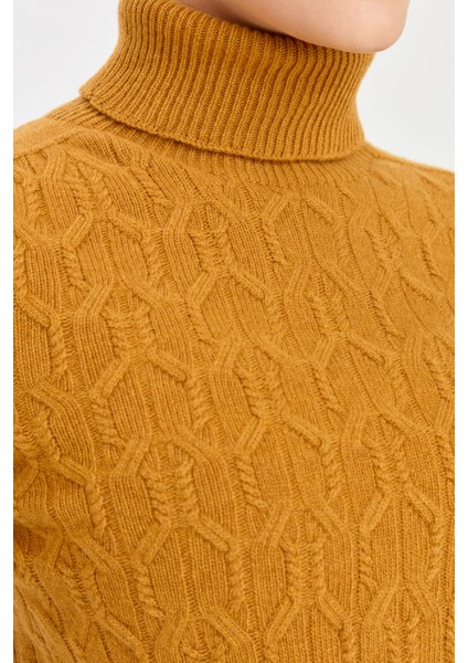 Kadın Tam Balıkçı Yaka Önü Yürütmeli Yün Kazak Hardal fiyatları