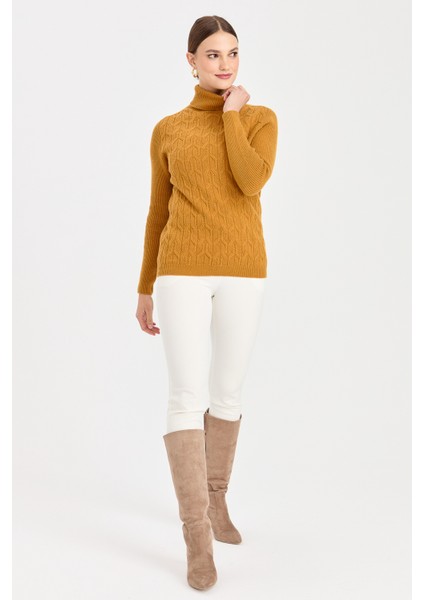 Kadın Tam Balıkçı Yaka Önü Yürütmeli Yün Kazak Hardal modelleri