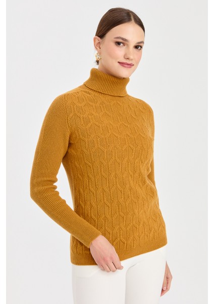 Kadın Tam Balıkçı Yaka Önü Yürütmeli Yün Kazak Hardal fırsatları