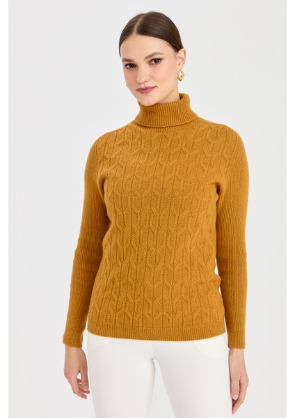 Kadın Tam Balıkçı Yaka Önü Yürütmeli Yün Kazak Hardal indirimleri