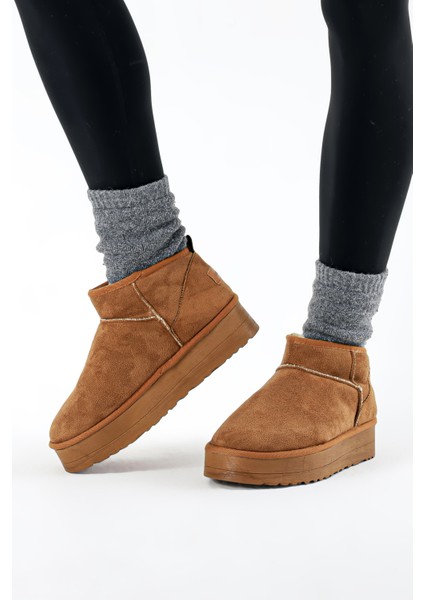 Taba Süet Içi Kürklü Tüylü 501 Classic Kalın Tabanlı Kadın Mini Bot