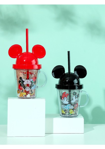 Mickey Mouse Serisi Kapaklı ve Pipetli Şeffaf Bardak