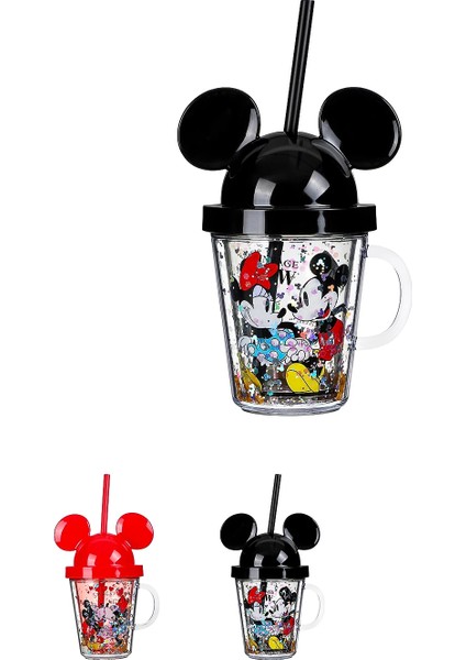 Mickey Mouse Serisi Kapaklı ve Pipetli Şeffaf Bardak