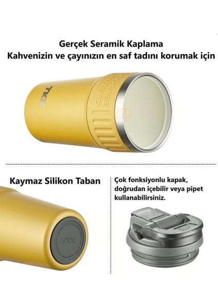 Tkk Yeni Koleksiyon 630ML Pipetli / Pipetsiz Kullanım Askılı Paslanmaz Çelik Termos Kahve Mug Matara