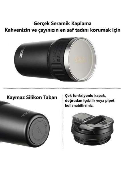 Tkk Yeni Koleksiyon 630ML Pipetli / Pipetsiz Kullanım Askılı Paslanmaz Çelik Termos Kahve Mug Matara
