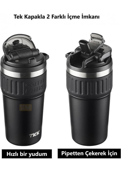 Tkk Yeni Koleksiyon 630ML Pipetli / Pipetsiz Kullanım Askılı Paslanmaz Çelik Termos Kahve Mug Matara