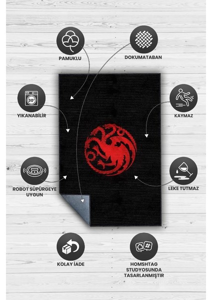 Targaryen Hanedanı Desenli Halı Game Of Thrones Film Halısı Siyah Kırmızı Film Serisi Halı