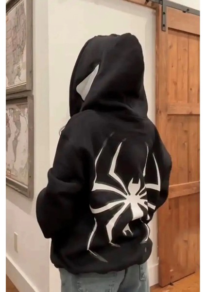 Spiderman Sırt Baskılı Şapkası Örümcek Göz Detaylı Kapuşonlu Sweatshirt Hoodie