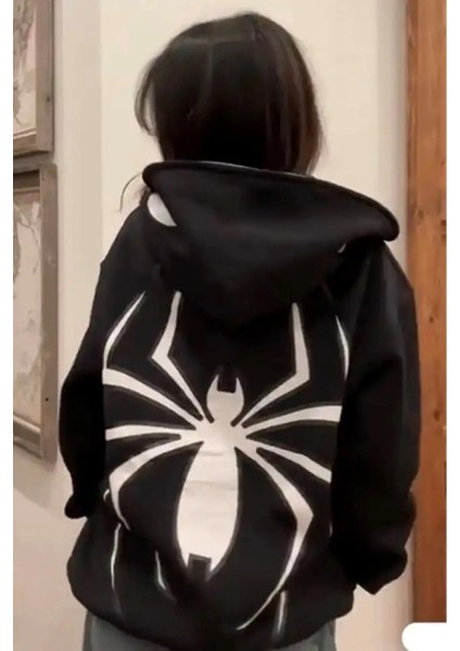 Spiderman Sırt Baskılı Şapkası Örümcek Göz Detaylı Kapuşonlu Sweatshirt Hoodie