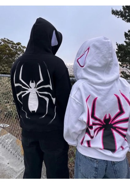 Spiderman Sırt Baskılı Şapkası Örümcek Göz Detaylı Kapuşonlu Sweatshirt Hoodie