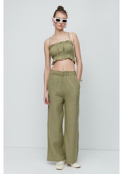 Organik Pamuk Müslin Crop Büstiyer Pantolon Takım 9124 Haki