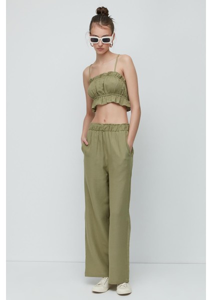 Organik Pamuk Müslin Crop Büstiyer Pantolon Takım 9124 Haki fiyatları