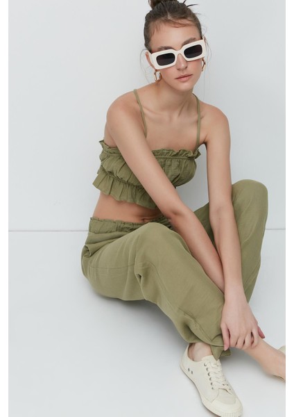 Organik Pamuk Müslin Crop Büstiyer Pantolon Takım 9124 Haki modelleri