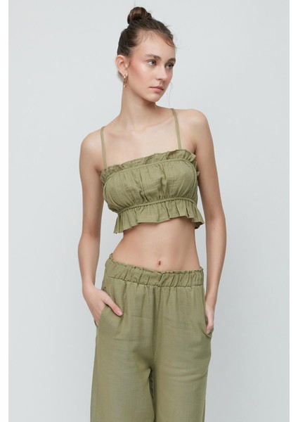 Organik Pamuk Müslin Crop Büstiyer Pantolon Takım 9124 Haki fırsatları