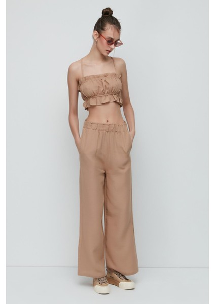 Organik Pamuk Müslin Crop Büstiyer Pantolon Takım 9124 Bej
