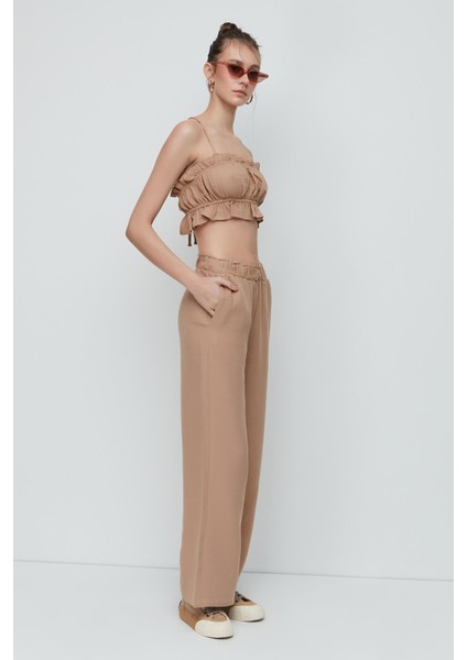 Organik Pamuk Müslin Crop Büstiyer Pantolon Takım 9124 Bej modelleri